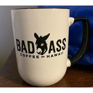 Bad Ass Coffee Of Hawaii Cup Mug White & Black heavy duty Multicolor Donkey